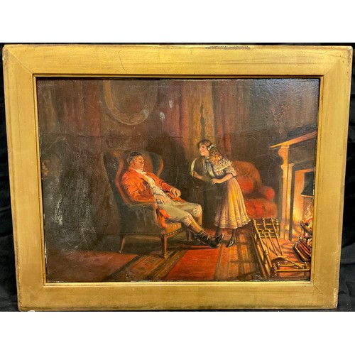 89 - English school, 19th century, ‘Huntsman resting by the fire’, indistinctly signed, oil on board, 27c... 