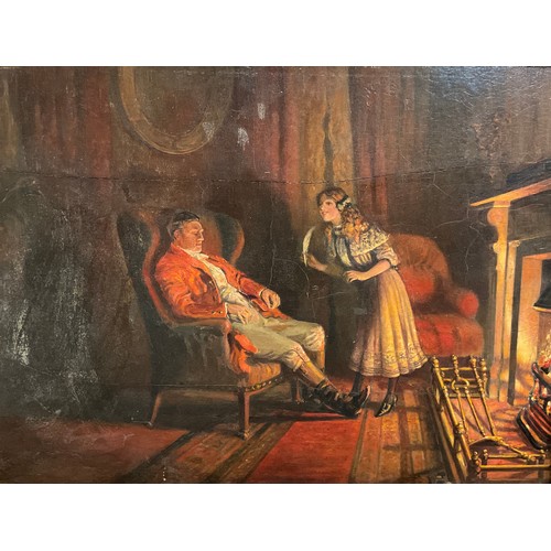 89 - English school, 19th century, ‘Huntsman resting by the fire’, indistinctly signed, oil on board, 27c... 