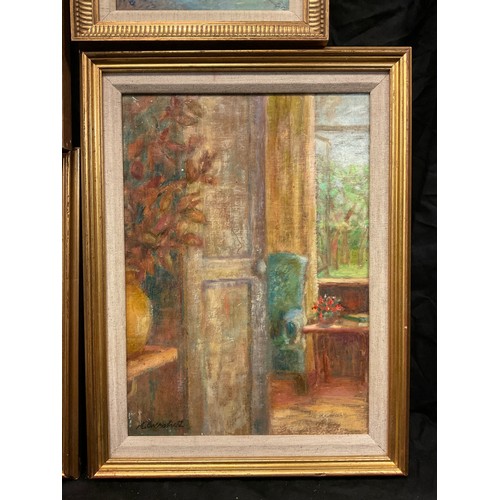 91 - Mark Eversfield, Country Cottage Interior, signed, oil on board, 36cm x 25.5cm;  another three simil... 