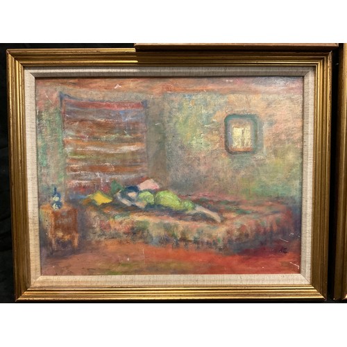 91 - Mark Eversfield, Country Cottage Interior, signed, oil on board, 36cm x 25.5cm;  another three simil... 