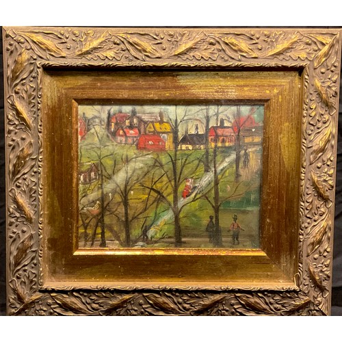 246 - Naive school, mid 20th century, Figures and winter trees, oil on board, 20cm x 25cm.