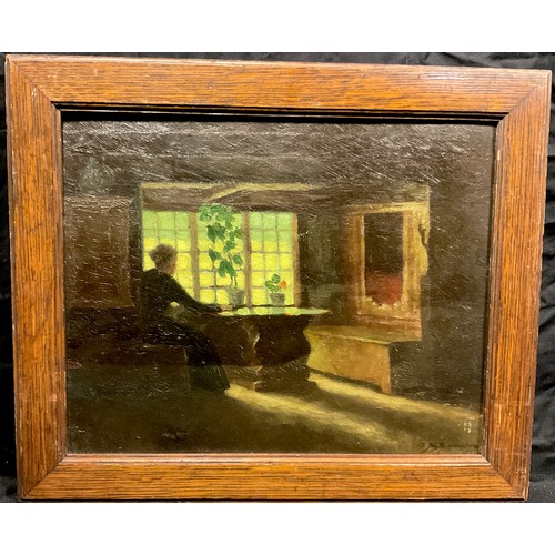 259 - English school, Early morning glow at the cottage window, indistinctly signed, oil on board, 27cm x ... 