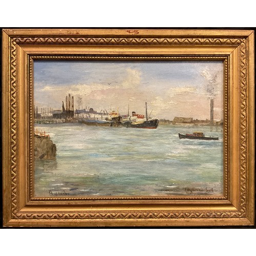 239 - Fitzgerald Smith, Rochester, on the river, signed, oil on board, 25cm x 34.5cm.