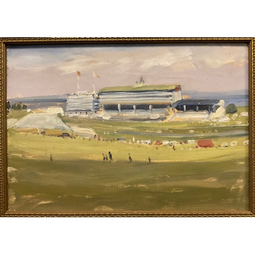 250 - Impressionist school, Epsom Racecourse, oil on board, 21cm x 29.5cm.