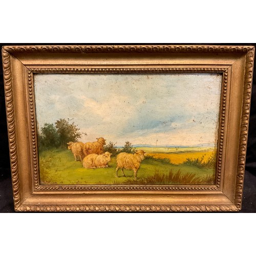 217 - English school, early 20th century, Sheep grazing, oil on board, 15cm x 24cm.