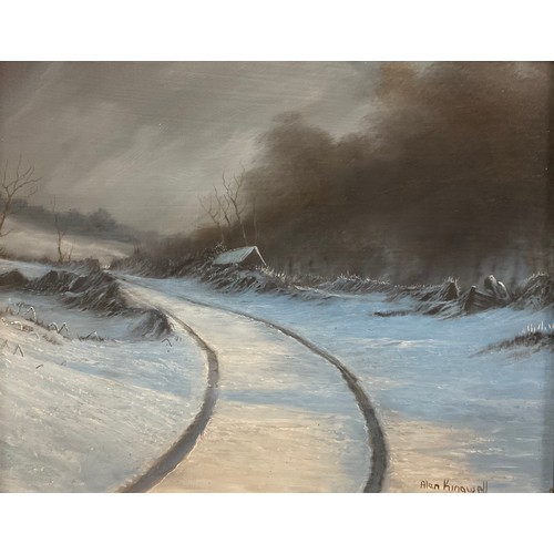 205 - Alan Kingwell, A track through the snow, signed, oil on board, 20cm x 24.5cm.