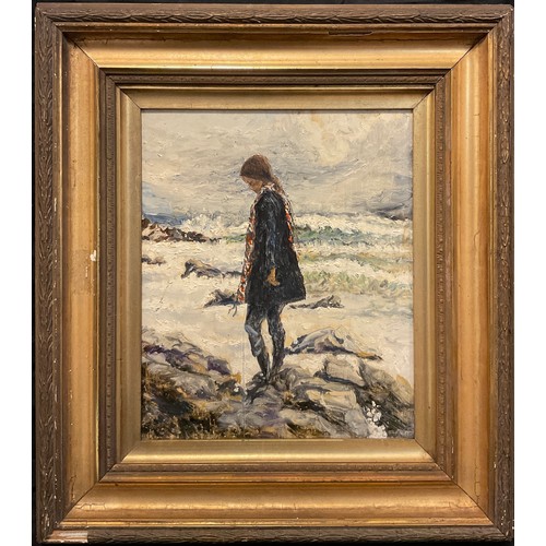 25 - Impressionist school, British, mid 20th century, ‘Lone Girl on a windy shore’, oil on board, 30cm x ... 