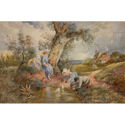 135 - In the manner of Birket Foster, Maiden Voyage, signed with monogram, watercolour, 19.5cm x 29cm.