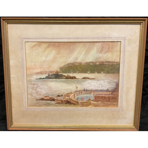 258 - Constance A. Stanton, Drake’s Island and Plymouth Sound from the Hoe, signed, dated 1974, watercolou... 