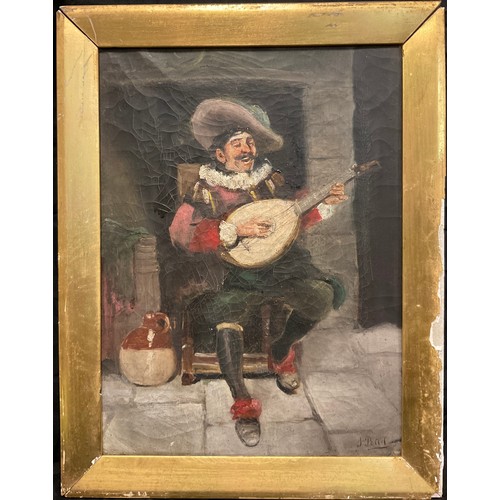 254 - J Pettit, The Mandolin Player, signed, oil on canvas, 40cm x 29.5cm.