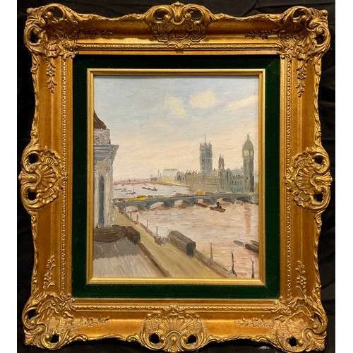 170 - Anton Matthews (1925-2008), Westminster from the Thames, attribution to verso, oil on board, 30cm x ... 