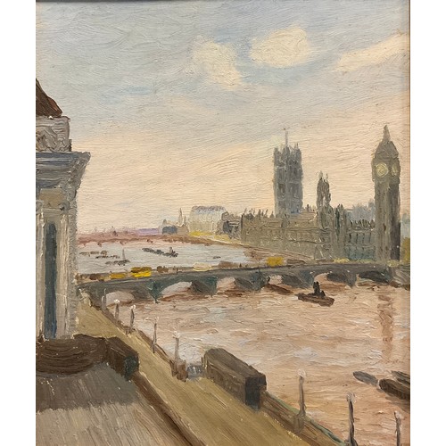 170 - Anton Matthews (1925-2008), Westminster from the Thames, attribution to verso, oil on board, 30cm x ... 