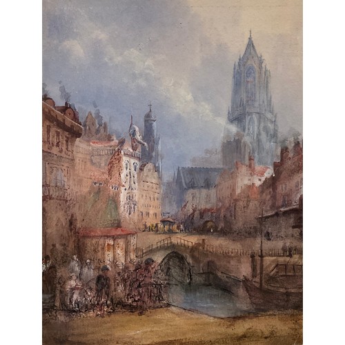 150 - Manner of David Roberts, ‘Utrecht’, titled, and dated 1875 to verso, watercolour, 26cm x 19.5cm.