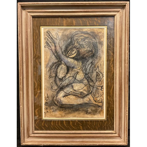 53 - Toribio, primitivist figurative study, signed, chalk and charcoal, 34cm x 23cm.