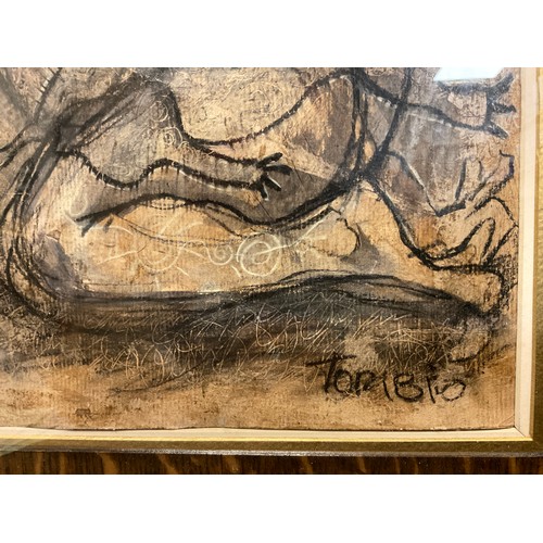 53 - Toribio, primitivist figurative study, signed, chalk and charcoal, 34cm x 23cm.