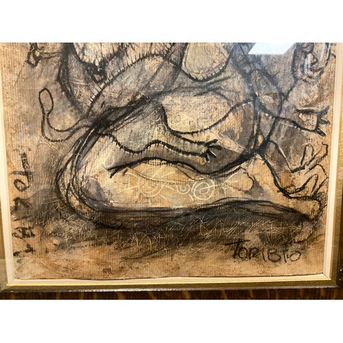 53 - Toribio, primitivist figurative study, signed, chalk and charcoal, 34cm x 23cm.