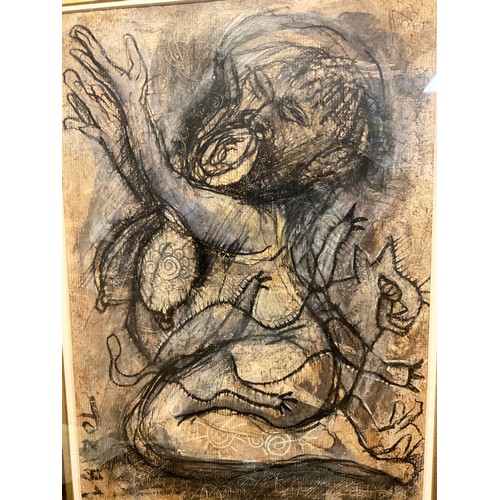 53 - Toribio, primitivist figurative study, signed, chalk and charcoal, 34cm x 23cm.