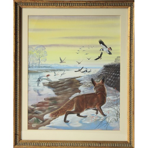 11 - Denys Ovenden (1922-2019)
‘Fox and Lapwings, in Winter’
signed with monogram ‘DWO’, watercolour and ... 