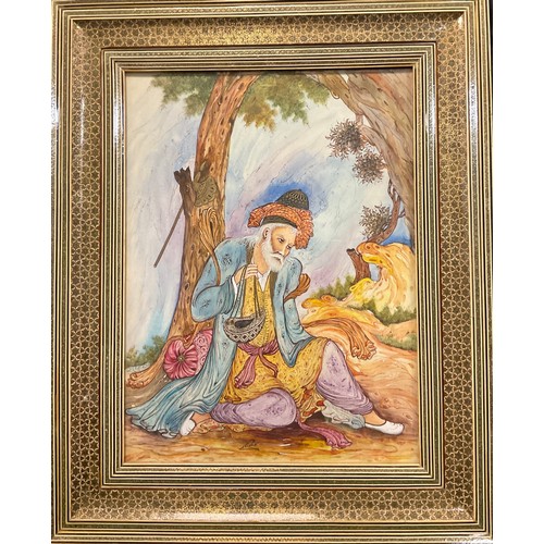 237 - A 20th century Middle-Eastern Painted Plaque, 'The Itinerant Scholar', 40cm x 29cm, in a micro-mosai... 