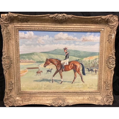 59 - Michael Hall, 'Race Horse 'Kilkilogue', with Jockey Billy Robinson', signed, oil on board, 34cm x 44... 