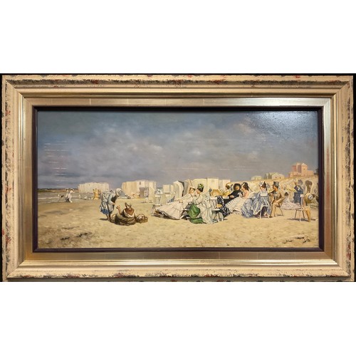 140 - Bauer (20th century, continental school), 'Aristocratic Beach Gathering', signed, oil on board, 29cm... 