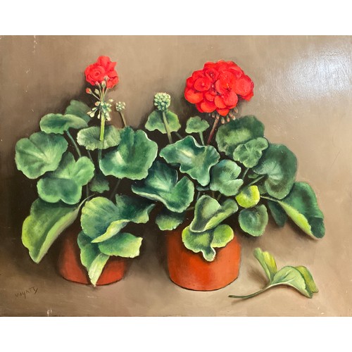 255 - Joyce Wyatt, 'A Good Harvest', signed, oil on canvas, 40.5cm x 51cm;  another, Red Geraniums, signed... 