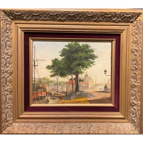 223 - Continental School, 'Early Morning, Loading Cargo', indistinctly signed 'Meshof?', oil on board, 19c... 