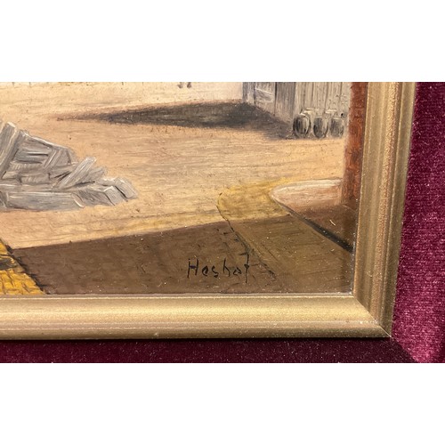 223 - Continental School, 'Early Morning, Loading Cargo', indistinctly signed 'Meshof?', oil on board, 19c... 