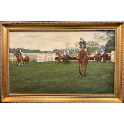 16 - Ernest Fairhurst, 'Inspecting the Hurdles', signed, oil on canvas, 41cm x 61.5cm.