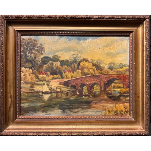 151 - Alfred Robert Quinton, 'Summer Days by the Old Bridge', signed, oil on canvas, 28cm x 38cm.