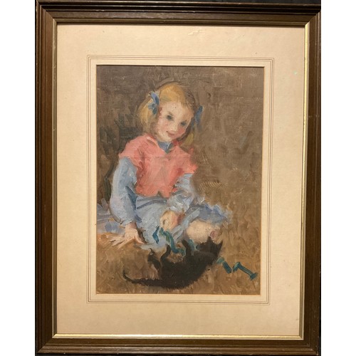 158 - English school, mid 20th century, 'Young girl and her kitten', oil on board, 34cm x 25cm.