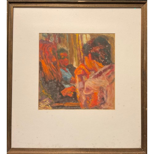 233 - J Kay (Modern British School0, 'The Women', signed and titled to verso, oil on board, 29cm x 29cm.