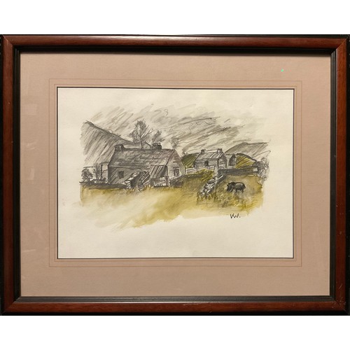 165 - Manner of Kyffin Williams, Welsh cottages, signed with monogram KW, watercolour, 27cm x 37.5cm.