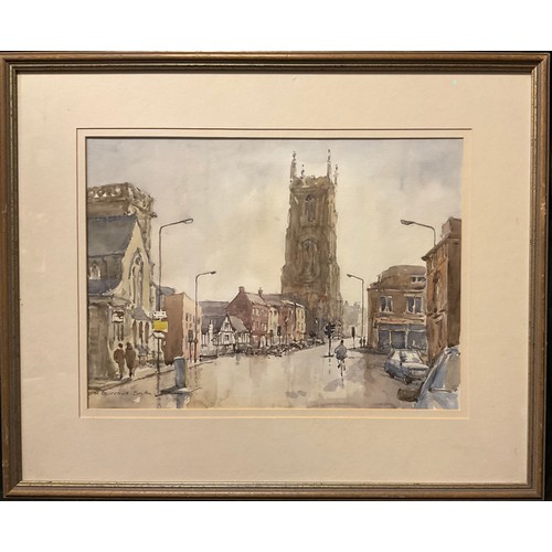 161 - P. Burrows Smith, 
View of Queen Street, and the Cathedral, Derby, 
signed, watercolour, 34cm x 47.5... 