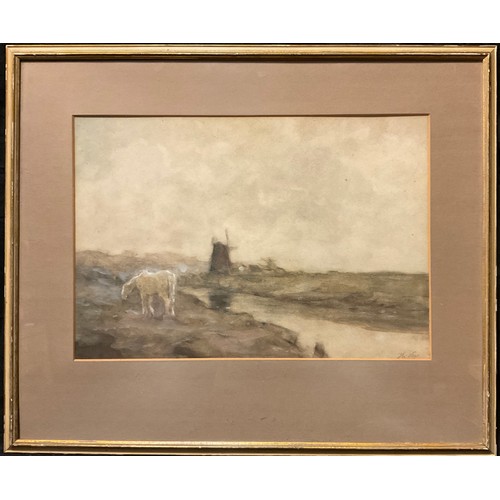 103 - Herbert Nye (fl. 1885-1927), Windmill and a White Horse, signed, watercolour, 32cm x 47cm.