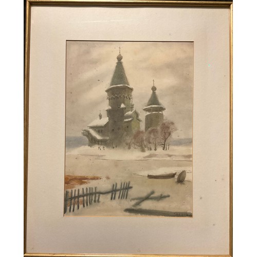 275 - Russian School, Church in the Snow, indistinctly signed, watercolour, 38.5cm x 28.5cm.