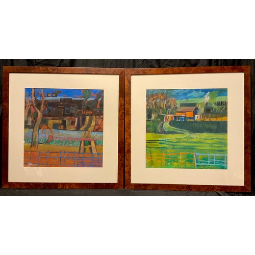 74 - Pamela Guille (Modern School), a pair, Fauvist studies - Farm buildings, signed, oils on board, 39.5... 