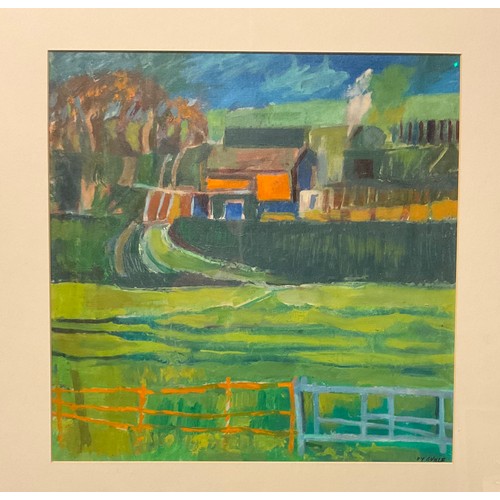 74 - Pamela Guille (Modern School), a pair, Fauvist studies - Farm buildings, signed, oils on board, 39.5... 