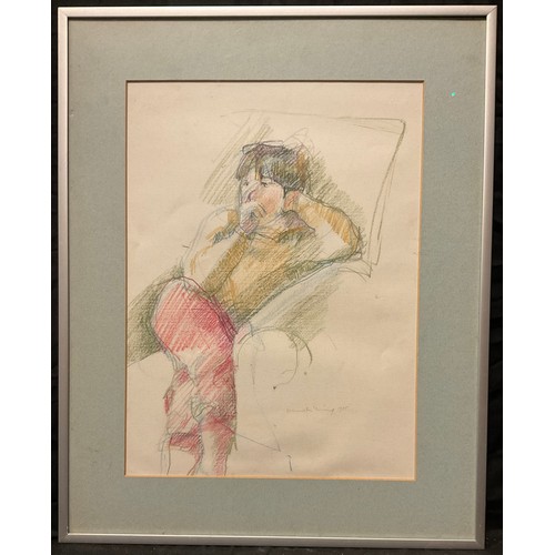 288 - Henrietta Young, 'In the Chair', signed, crayon drawing, gallery label to verso, 38.5cm x 28.5cm.