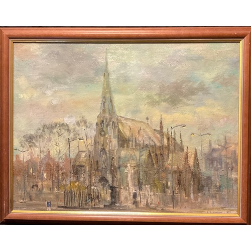 296 - C. D. Taylor
Homage to L. S. Lowry, Northern Church, 
signed, dated 1970, oil on board, 43cm x 57cm