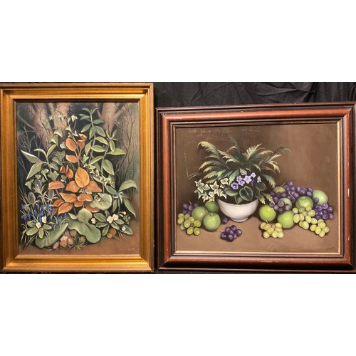 300 - Joyce Wyatt, 'Violets, Apples. and Grapes', signed, oil on board, 40.5cm x 50cm;  another, still lif... 