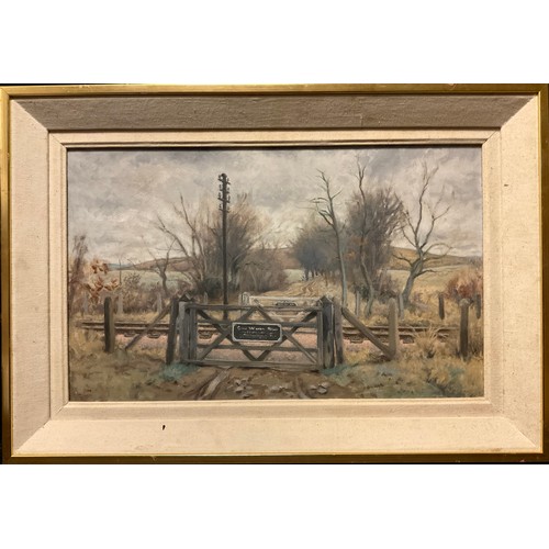 302 - English School, mid 20th century, 'Upland Railway Crossing', oil on canvas, 37cm x 60cm.