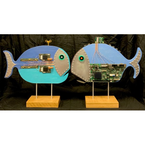 318 - Bob Harrison - a Modern Art Upcycling model - ‘Fish & Chips’, in blue;  another similar, 50cm and 49... 