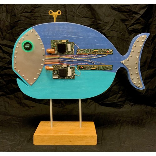 318 - Bob Harrison - a Modern Art Upcycling model - ‘Fish & Chips’, in blue;  another similar, 50cm and 49... 