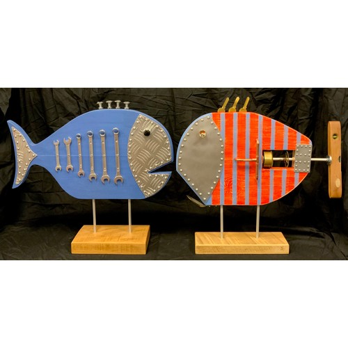 319 - Bob Harrison - a Modern Art Upcycling model - ‘Spanners’, in blue;  another striped, approx 47cm hig... 