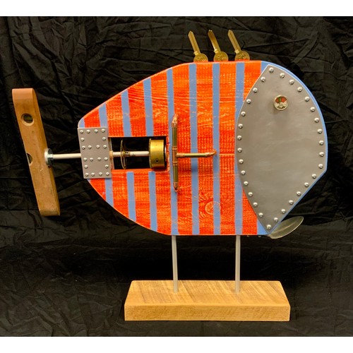 319 - Bob Harrison - a Modern Art Upcycling model - ‘Spanners’, in blue;  another striped, approx 47cm hig... 