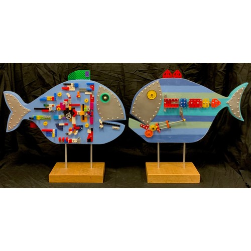 320 - Bob Harrison - a Modern Art Upcycling model - Lego-fish, in blue;  another Meccano-fish, approx 47cm... 