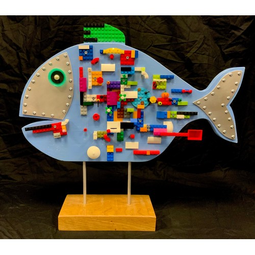 320 - Bob Harrison - a Modern Art Upcycling model - Lego-fish, in blue;  another Meccano-fish, approx 47cm... 