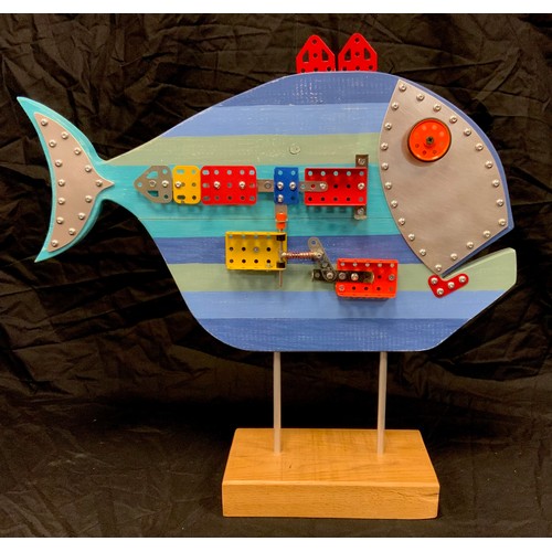 320 - Bob Harrison - a Modern Art Upcycling model - Lego-fish, in blue;  another Meccano-fish, approx 47cm... 