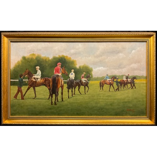 18 - Ernest Fairhurst, 'Waiting for the Start', signed, oil on canvas, 51cm x 92cm.